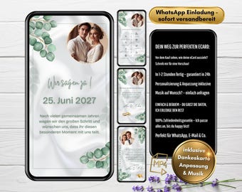 May include: A digital wedding invitation with a white background and green eucalyptus leaves. The invitation says "We say yes!" and "June 25, 2027". A photo of a couple is in the upper right corner. The text "WhatsApp Invitation - Ready to send" is at the top of the image.