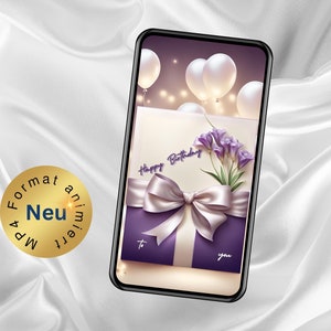 eCard Glückwunschkarte zum Geburtstag Freesien-Motiv, Geburtstagsgrüße per WhatsApp, digitale Happy Birthday eCard, animierte Grußkarte
