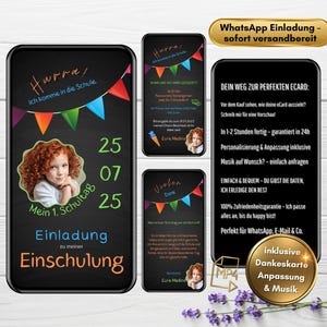 Convite do WhatsApp para matrícula escolar em quadro negro com cartão de agradecimento | Convite digital para o início das aulas | Imagem de eCard animada | Escolar personalizado