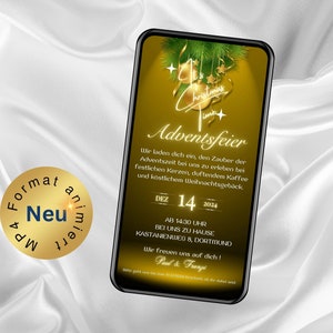 eCard Kerstuitnodiging Advent Party Gold, geanimeerde kerstuitnodiging 1e Advent via WhatsApp, gepersonaliseerde uitnodiging, digitaal