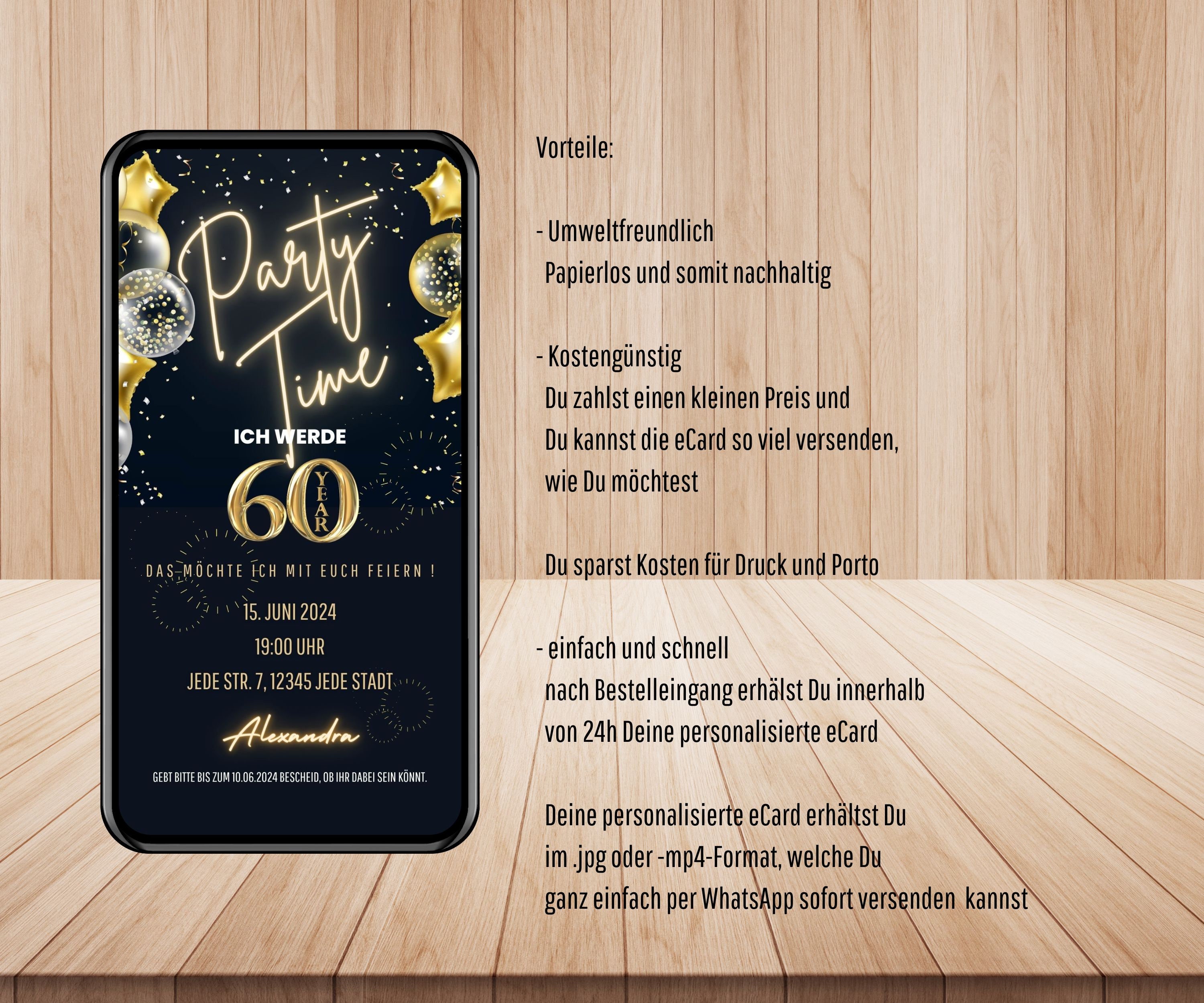 Digitale Einladung 60. Geburtstag Party Time, WhatsApp Einladung 60