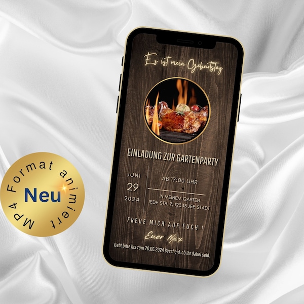 Digitale Gartenparty Grillparty Einladung eCard personalisierbare WhatsApp Einladung Mann mit Musik animiert Einladung Geburtstag rustikal