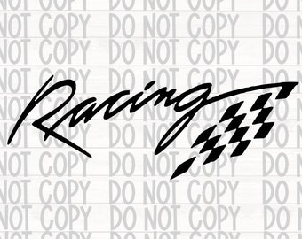 Può includere: Grafica in bianco e nero con la parola "Racing" in un font stilizzato. Un design a bandiera a scacchi è incluso nella grafica.