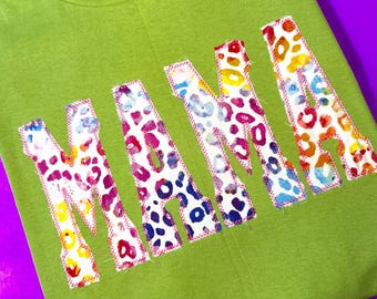 Mama Tee, Colorful Leopard Mama Shirt, Embroidered Mama Shirt