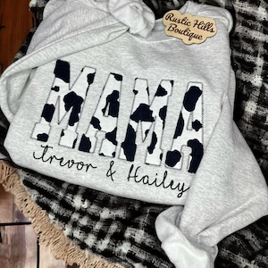 Embroidered Mama Cow Print Shirt, Customized Cow Print Sweatshirt