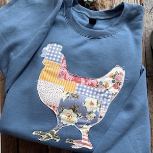 Embroidered Chicken Sweatshirt, Patch Fabric Embroidered Shirt, Chicken Shirt, Farm Sweatshirt