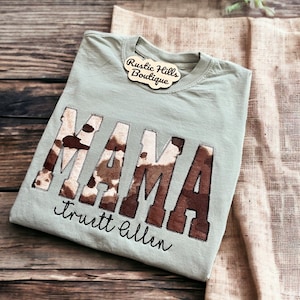 Embroidered Cow Print Mama Shirt, Personalized Mama Shirt