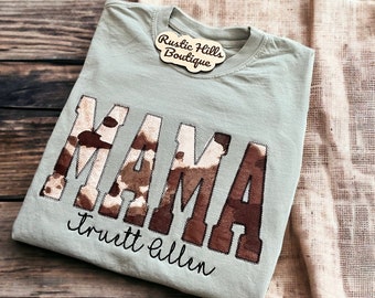 Embroidered Cow Print Mama Shirt, Personalized Mama Shirt