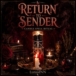 May include: A tall cylindrical candle featuring white hand-drawn symbols and a twine wrap, centered on a metallic tray. The text 'RETURN TO SENDER CANDLE SPELL RITUAL' appears at the top, with 'LunasINN' at the bottom, surrounded by dark decor.