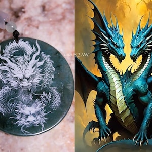 Puede incluir: Un colgante de jade verde oscuro con un grabado de drag&oacute;n blanco, suspendido por un cord&oacute;n negro. El colgante presenta un dise&ntilde;o detallado de drag&oacute;n. Junto a &eacute;l, una ilustraci&oacute;n digital de dos dragones azules con ojos rojos sobre un fondo dorado.