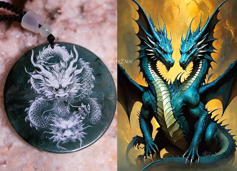 Puede incluir: Un colgante de jade verde oscuro con un grabado de drag&oacute;n blanco, suspendido por un cord&oacute;n negro. El colgante presenta un dise&ntilde;o detallado de drag&oacute;n. Junto a &eacute;l, una ilustraci&oacute;n digital de dos dragones azules con ojos rojos sobre un fondo dorado.