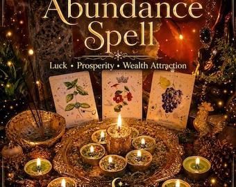 May include: A collection of small green candles in gold containers arranged on a gold tray with three illustrated cards featuring botanical designs and the text Abundance Spell, Luck, Prosperity, Wealth Attraction, and LunasINN.
