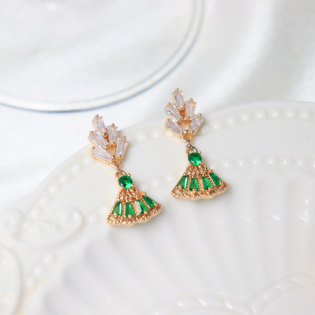 Art Deco Emerald Earrings Green Diamond Drop Earrings Etsy