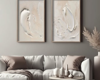 Set of 2 Abstract White Beige Textured Effect Canvas Roll Unstretched Wall Art Prints