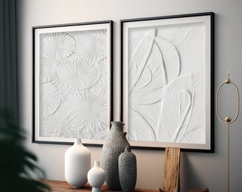 Set of 2 White Textured Effect Wall Art Digital Printable Abstract LARGE Wall Decor