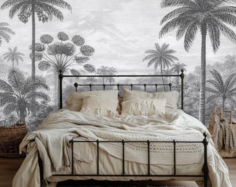 Black and White Tropical Scenery Peel and Stick Wall Mural