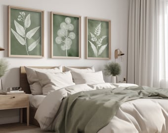 Set of 3 Sage Green Botanical Framed Canvas Wall Art Prints