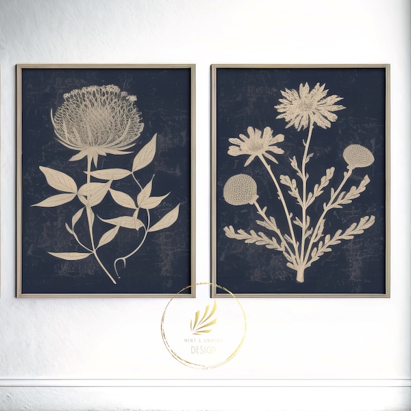 Set of 2 Floral Botanical Wall Decor Digital Printable Indigo LARGE Wall Art