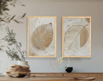 Set of 2 Beige Textured Effect Leaves Canvas Roll Unstretched Wall Art Prints