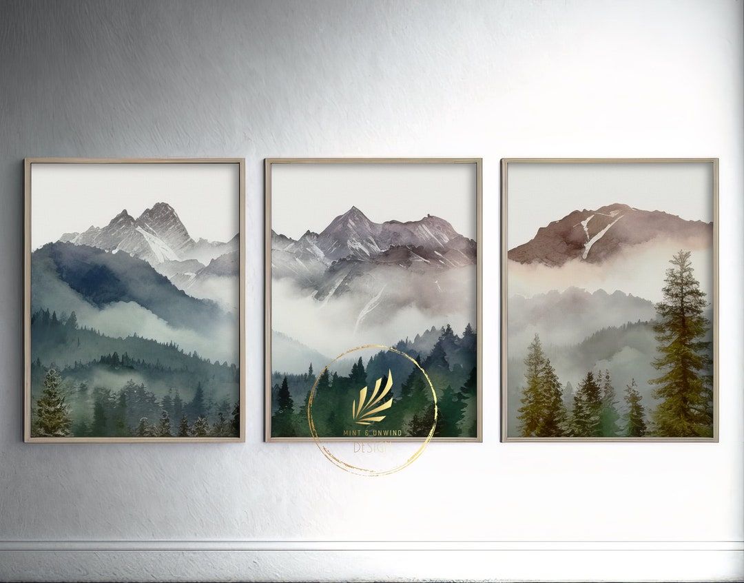3 Piece Watercolor Mountain Range Canvas Roll Unstretched Wall Art ...