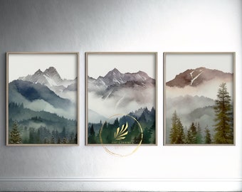 3 Piece Watercolor Mountain Range Canvas Roll Unstretched Wall Art Prints