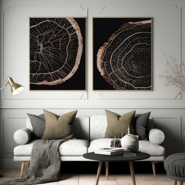 Conjunto de 2 impresiones de arte abstracto con anillos de árbol, arte de pared imprimible digitalmente
