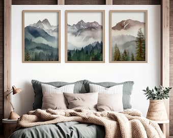 3 Piece Art Print Watercolor Mountain Range Digital Printable Wall Decor