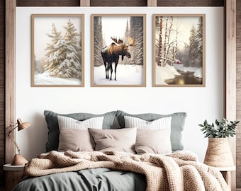 3 Piece Winter Wonderland Snowy Moose Painting Canvas Roll Unstretched Wall Art Prints