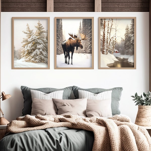 3 Stück Art Print Winter Wonderland Digital druckbare verschneite Wand Kunst Elch Malerei Print Set