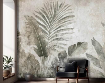 Muted Tropical Botanical Wall Mural Peel and Stick