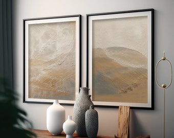 Set of 2 Beige Abstract Textured Effect Canvas Roll Unstretched Wall Art Prints