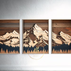 3 Piece Art Print Mountain Range Wood Panel Effect Digital Printable Wall Art Carved Wood Effect