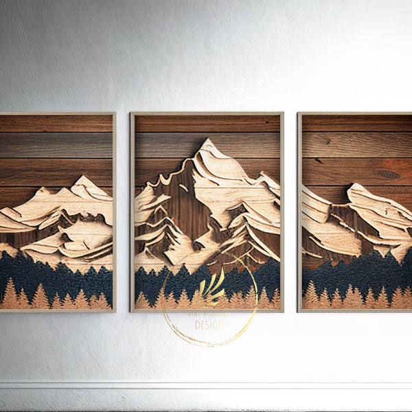 Mountain Range Wood Panel Canvas Prints: 3 Piece Unstretched Wall Art
