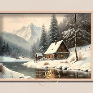 Winter cottage landscape, Digital printable wall art, Vintage inspired, Snowy landscape, Holiday art, Hygge. #5