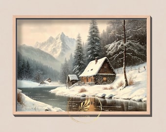 May include: A painting of a snowy winter scene with a small cabin in the foreground. The cabin is made of wood and stone and has a snow-covered roof. There are trees and mountains in the background. The sky is a light blue color.