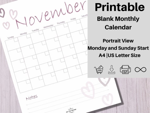 Printable Blank Monthly Cute Purple Hearts Calendar Digital/ - Etsy
