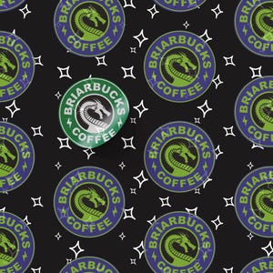 May include: A repeating pattern of green and purple circles with a dragon and the text "Briarbucks Coffee" on a black background.