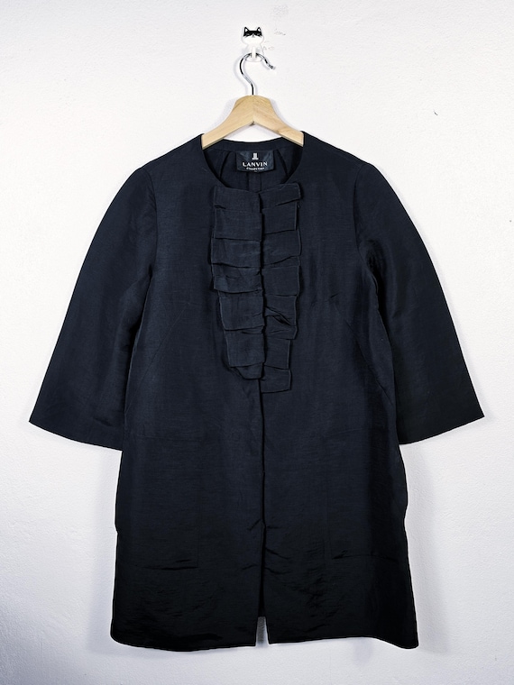 Lanvin, Rare Vintage 2000s Lanvin Collection Ruffle Front Car Coat Jacket 3/4 Sleeve Made in Japan