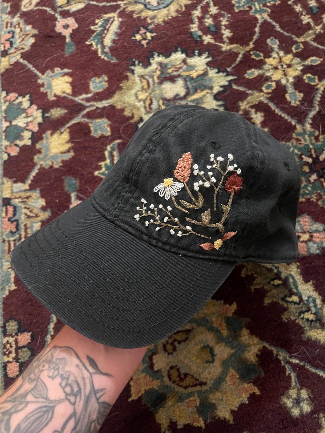 Hand-embroidered Floral Baseball Cap - Etsy