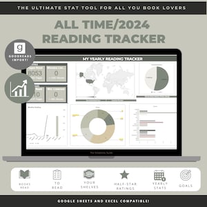 Op de afbeelding: Een laptopscherm toont een leestracker met grafieken en diagrammen. Tekst omvat "ALL TIME/2024 READING TRACKER" en "MY YEARLY READING TRACKER". Pictogrammen vertegenwoordigen boeken, planken, beoordelingen en doelen. De tekst "GOOGLE SHEETS AND EXCEL COMPATIBLE!" is ook zichtbaar.