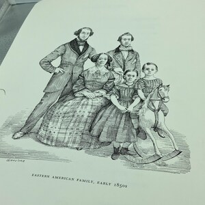 May include: An illustration of an Eastern American family from the early 1850s. The image depicts five people, including two men in coats and a woman in a patterned dress. Two children are also present, one on a rocking horse. The image is in black and white.