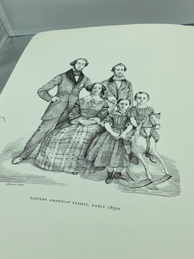 May include: An illustration of an Eastern American family from the early 1850s. The image depicts five people, including two men in coats and a woman in a patterned dress. Two children are also present, one on a rocking horse. The image is in black and white.