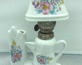 Vintage Miniature Porcelain Oil Lamp with Floral Design and Attached Vase