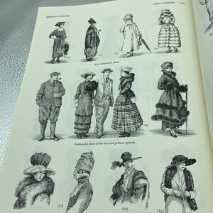 May include: A page from a vintage fashion book featuring black and white illustrations of clothing from the early 20th century. The illustrations depict various outfits, including dresses, coats, and hats, with text that reads "American Costume" and "Urban Fashions."