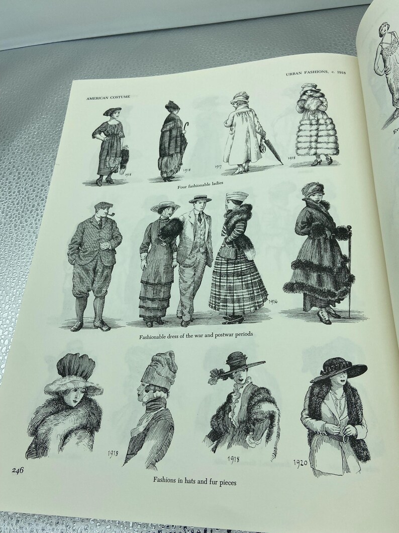 May include: A page from a vintage fashion book featuring black and white illustrations of clothing from the early 20th century. The illustrations depict various outfits, including dresses, coats, and hats, with text that reads "American Costume" and "Urban Fashions."