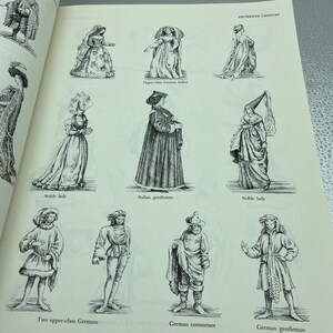 May include: A page from a book featuring illustrations of 15th-century clothing. The drawings depict various figures, including noble ladies, an Italian gentleman, and German commoners, showcasing historical fashion styles.