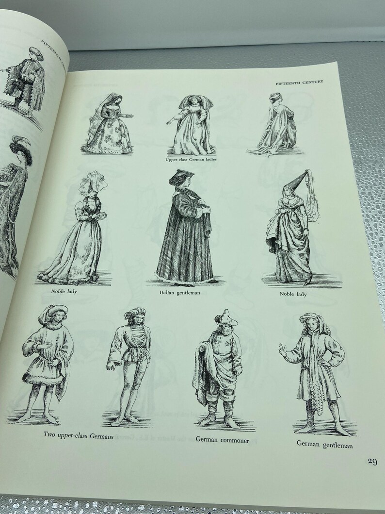 May include: A page from a book featuring illustrations of 15th-century clothing. The drawings depict various figures, including noble ladies, an Italian gentleman, and German commoners, showcasing historical fashion styles.