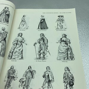 May include: A page from a book featuring black and white illustrations of early 17th-century clothing. The drawings depict various figures, including noble ladies and gentlemen, with detailed attire and accessories.