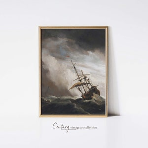 May include: A framed vintage painting depicts a ship battling a storm at sea. The artwork features a dark, dramatic sky and turbulent waves. The ship is tilted, with its sails billowing in the wind. The frame is gold, and the text "Century vintage art collection" is at the bottom.