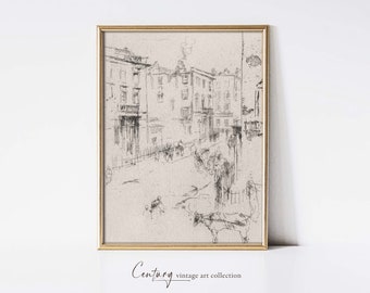 May include: A black and white sketch of a city street scene with buildings and people walking. The sketch is framed in a gold frame.